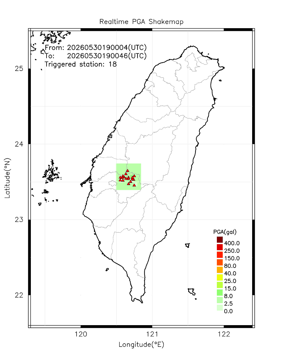 eew_p's tweet photo. Automatically Plotted Shakemaps:
* 2026-05-31 03:00:46 (UTC+08:00, Taipei)
* Evt. 20260531030004, Final Report.
* Total 18 triggered stations

Note: These shakemaps are not yet confirmed, for reference only!
#地震 #台灣 #earthquake #Taiwan https://t.co/fyhnPv0ska