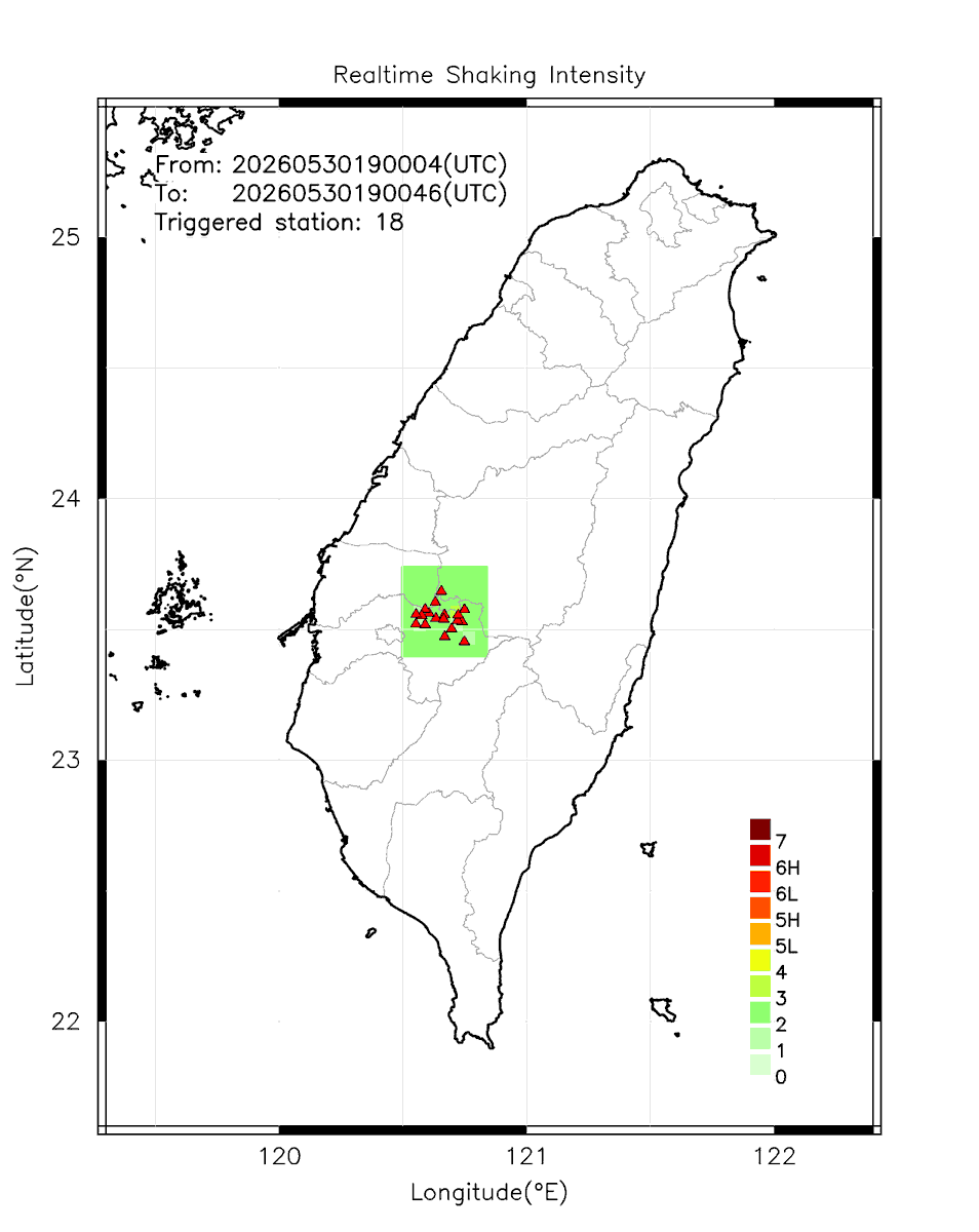 eew_p's tweet photo. Automatically Plotted Shakemaps:
* 2026-05-31 03:00:46 (UTC+08:00, Taipei)
* Evt. 20260531030004, Final Report.
* Total 18 triggered stations

Note: These shakemaps are not yet confirmed, for reference only!
#地震 #台灣 #earthquake #Taiwan https://t.co/fyhnPv0ska