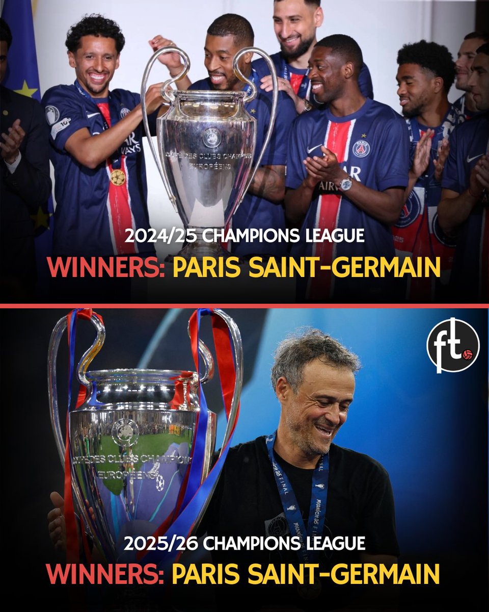 Footballtweet's tweet photo. 🚨 𝗢𝗙𝗙𝗜𝗖𝗜𝗔𝗟: PSG become only the 9th club in history to win BACK-TO-BACK Champions League titles: 

▪️ Real Madrid — 1956, 1957, 1958, 1959, 1960, 2017, 2018.
▪️ Benfica — 1961, 1962.
▪️ Inter Milan — 1964, 1965.
▪️ Ajax — 1971, 1972, 1973.
▪️ Bayern Munich — 1974, 1975, 1976.
▪️ Liverpool — 1977, 1978.
▪️ Nottingham Forest — 1979, 1980.
▪️ AC Milan — 1989, 1990.
▪️ PSG — 2025, 2026. 🇫🇷