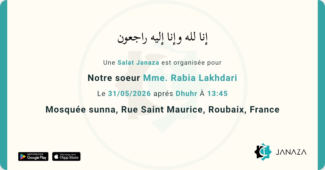 janaza_app's tweet photo. ⚰️ 3 Salat Janaza annoncées pour ce Dimanche 31 mai 2026

🚨 PARTAGEZ — Barak’Allahu fikoum

🌐 Ajouter une Janaza : https://t.co/NtlZypspXO
📱 App iOS &amp; Android : https://t.co/zDnOp04iHh https://t.co/ThbjmVHuDU