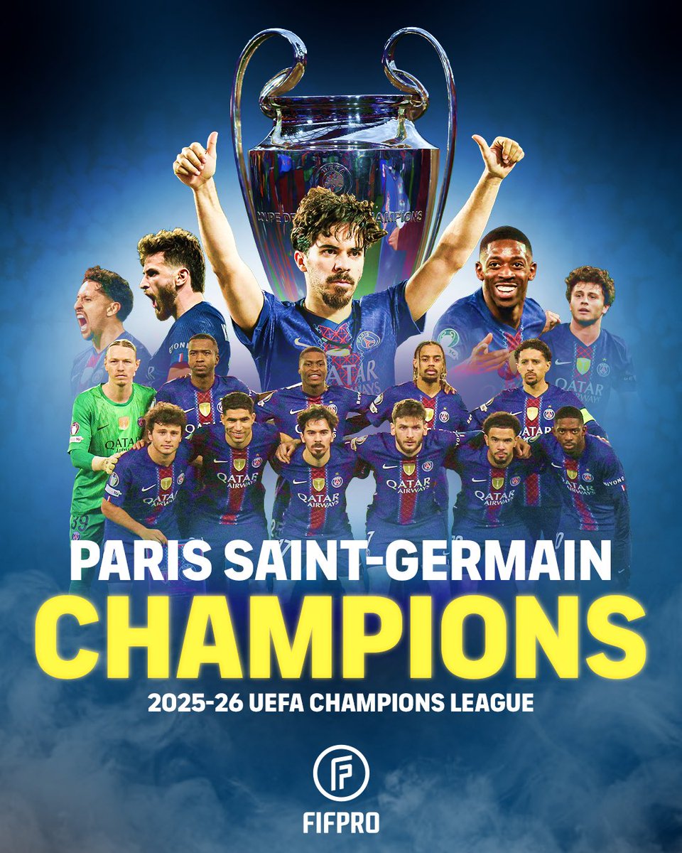 FIFPRO's tweet photo. PSG RETAIN THE UEFA CHAMPIONS LEAGUE 🔴🔵

Congrats to the players 🏆

#UCLfinal https://t.co/8dN7tpjfQQ