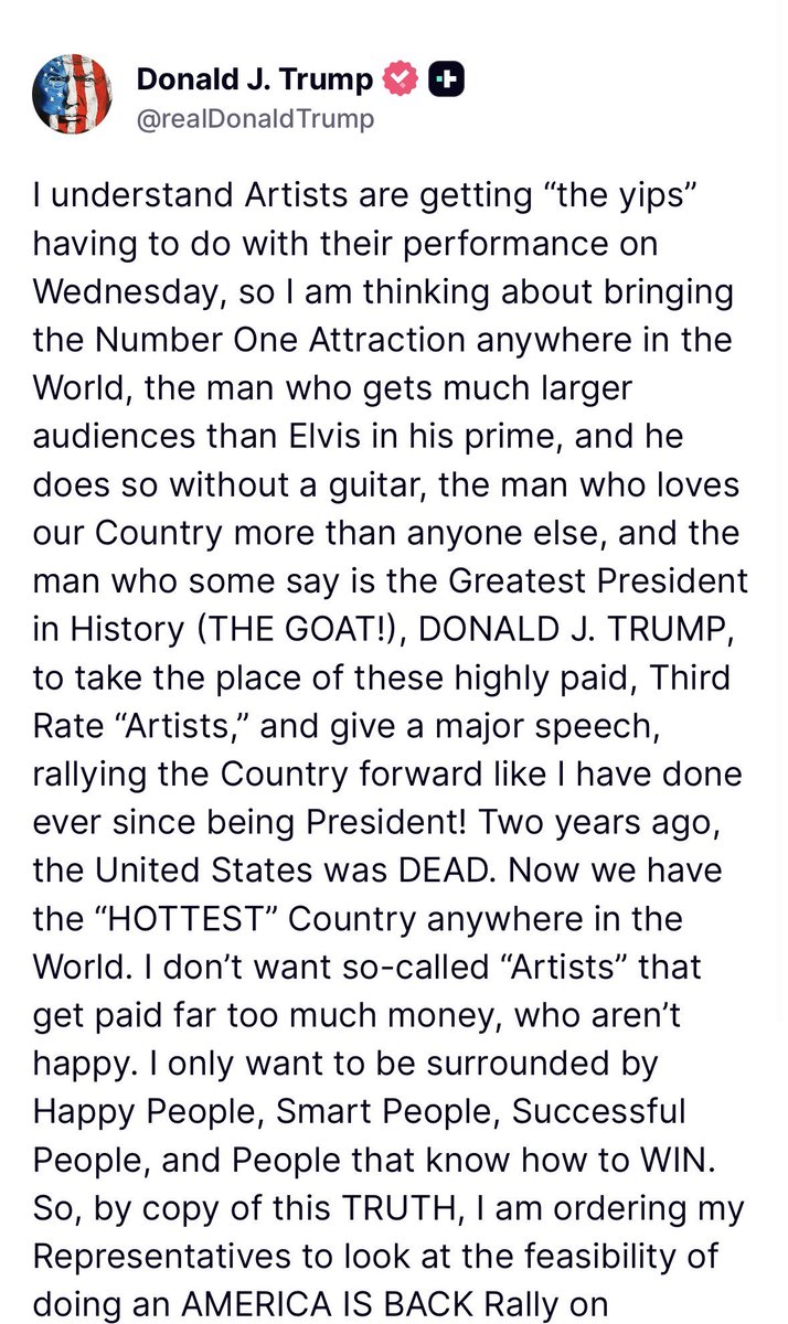 rlteiken's tweet photo. @piliated @DefiyantlyFree Your loss.  She wisely declined to participate in the partisan Freedom 250 event.  Trump’s reaction confirmed what this event represents. Looking forward to seeing her perform later this summer.  Her thoughtful and serious fans will support her. https://t.co/9sTWT2sp0x