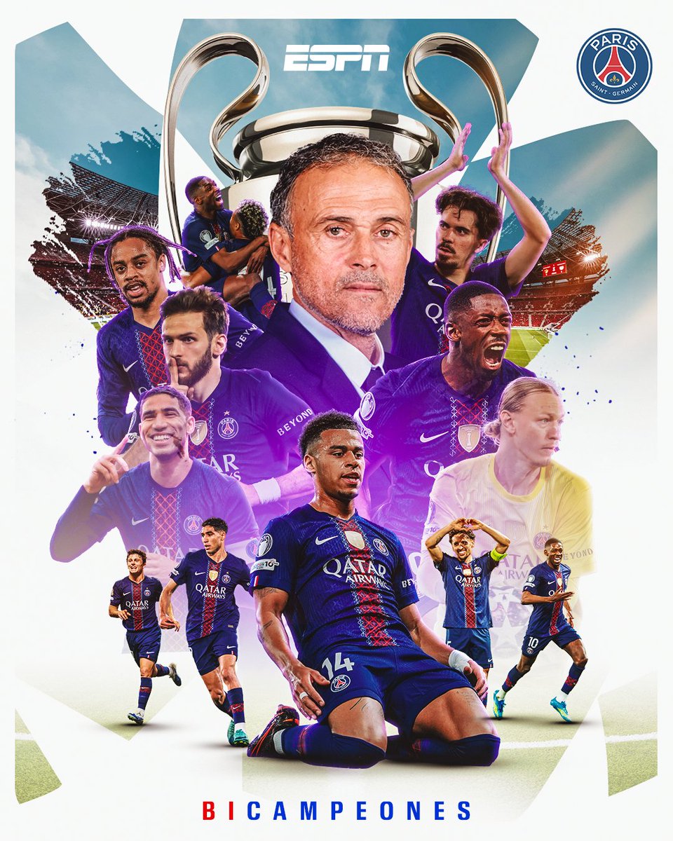 ESPNmx's tweet photo. 🏆 ¡PSG ES BICAMPEÓN DE LA CHAMPIONS LEAGUE! 

El equipo de Luis Enrique consigue su segunda orejona después de vencer en penales al Arsenal. 

¡LUIS ENRIQUE LO VOLVIÓ A HACER! 🧠 https://t.co/EjzCVTR5F0
