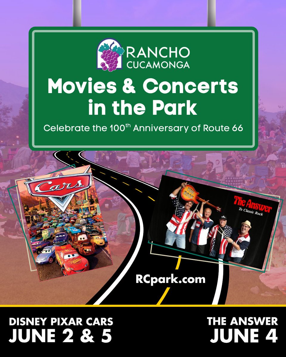 CityOfRC's tweet photo. Cruise on over to the first week of Concerts and Movies in the Park! It will include Disney's Cars on June 2 (Chaffey Town Square) &amp; June 5 (Red Hill Community Park) and The Answer on June 4 (Red Hill Community Park). 

For more info, visit https://t.co/SwIsptE25h. https://t.co/HMmPvSOIWe