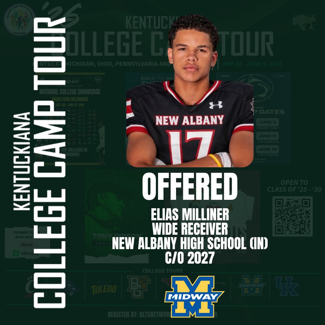 blts_network's tweet photo. Midway University OFFERED!!

Congratulations young man and keep up the great work!

@eliasmilliner_ 
C/O '27
Wide Receiver
@GoNewAlbany (IN)

@midway_sprint @GoNewAlbany 

#BLTSN #BLTSNetwork #CollegeCamp #KentuckianaCollegeCampTour #DreamBig https://t.co/bRMzlqnQ9L