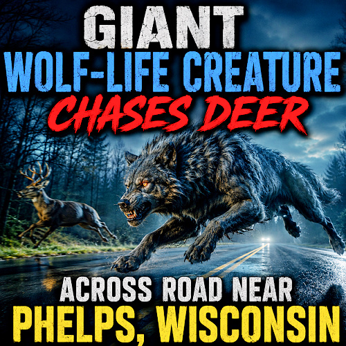 PhantomMonster's tweet photo. GIANT WOLF-LIFE CREATURE Chases Deer Across Road Near Phelps, Wisconsin https://t.co/hQL6LbqVYg - It leaped the road, paused, stared at her with bright orange eyes, then vanished into the forest. She insists, “That was no wolf.” https://t.co/289VTMnw8S