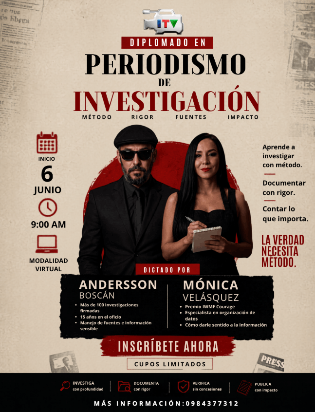 ZafiroPlayHQ's tweet photo. ¿Buscas especializarte en periodismo de investigación? 🔍 El @ITVecuador  lanza un diplomado con Andersson Boscán y Mónica Velásquez. Aprende a documentar con rigor y contar lo que importa. Inicio: 6 de junio (Virtual). 💻Info: 0984377312. 
#PeriodismoEC #ITV #comunidad #ecuador https://t.co/8QJ5g20MEW
