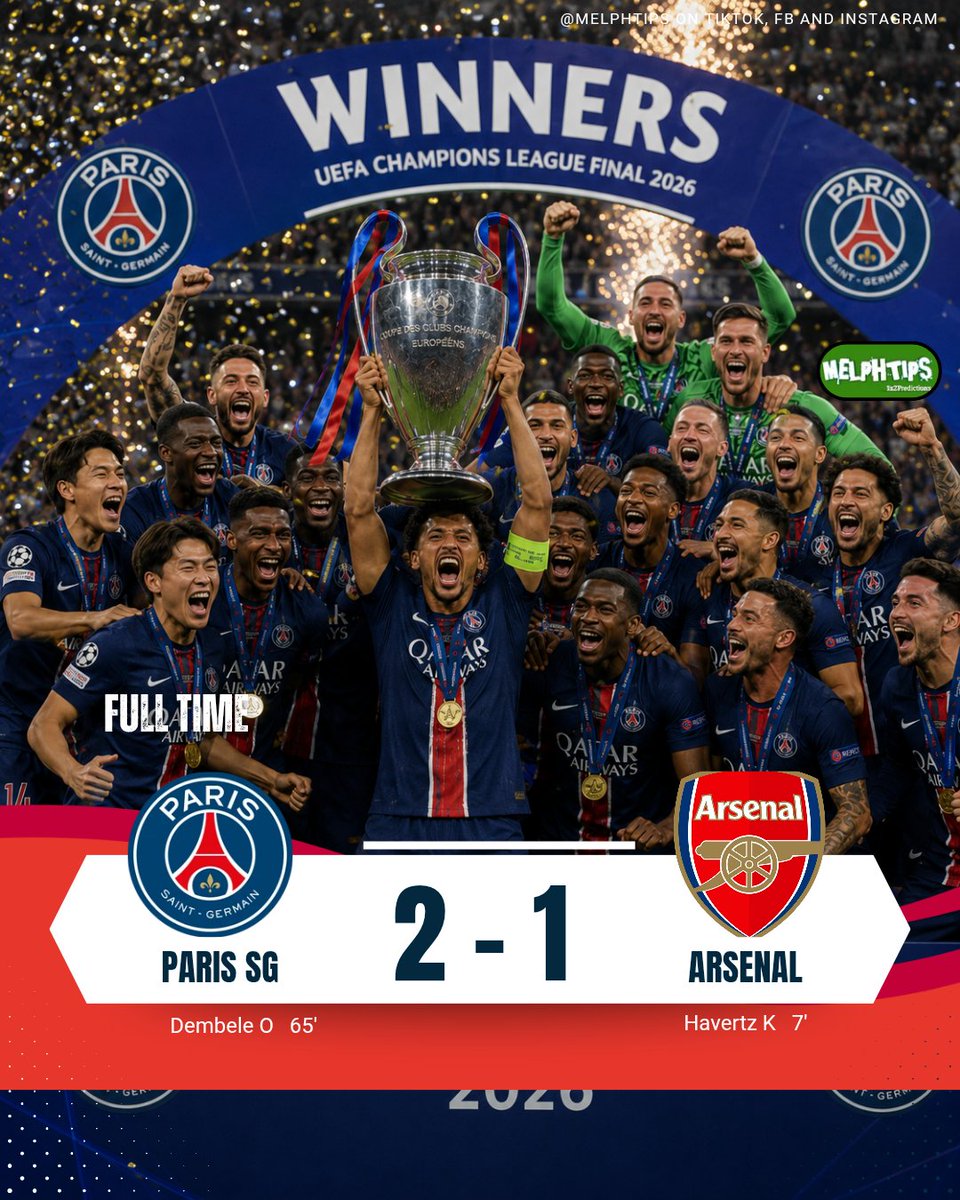 MelphTips's tweet photo. FT: PSG has done it again!! 🔥 🔥 
Back to back champions league trophy!
Congratulations! 🎉 🎉 🎉 https://t.co/uadDyqB1K4