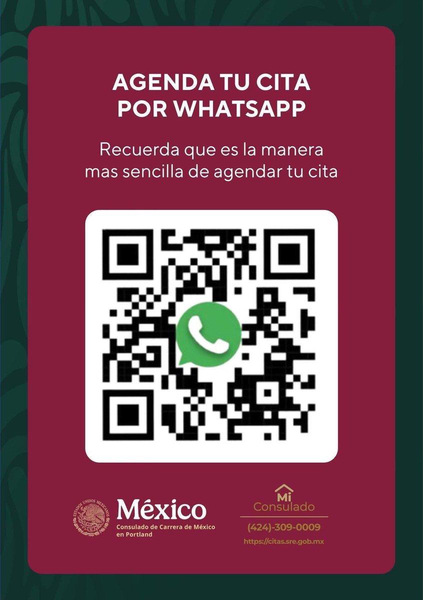 ConsulMexPot's tweet photo. ✅La manera más sencilla de agendar tu cita es por WhatsApp:📱Escanea el código QR:1-424-309-0009. 🚨¡NO PAGUES POR TU CITA! Todas las citas son GRATUITAS. No caigas en fraudes. 📲Agenda tu cita únicamente mediante el sistema MiConsulado:☎️1-424-309-0009💻 https://t.co/2iqCOzXxmz https://t.co/Re1UpCUrcF