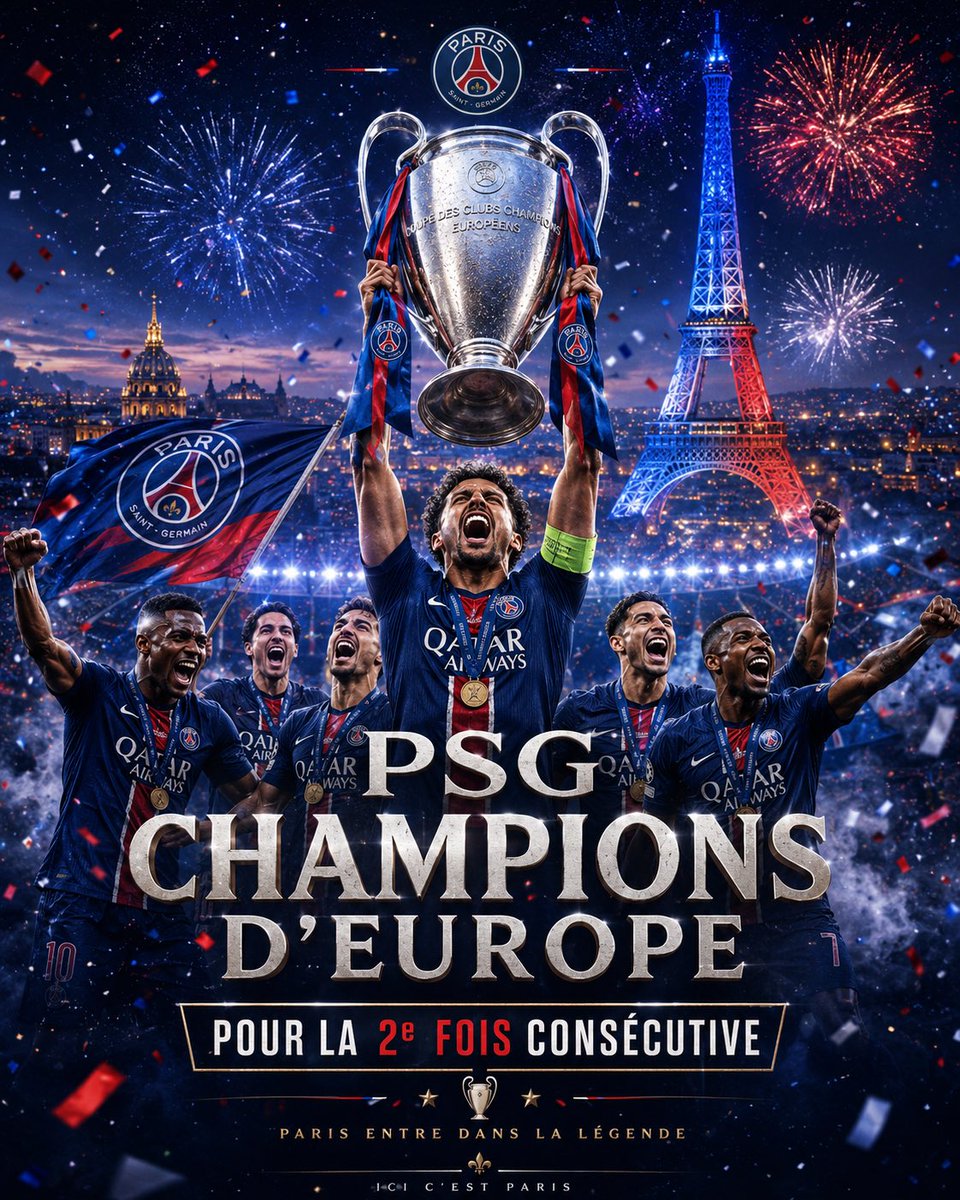 Hbenham's tweet photo. Back to Back ! 
Le #Psg remporte une seconde #ChampionsLeague de suite. 
Historique, fantastique, héroïque… magique ! 🇫🇷👏🏻👏🏻👏🏻♥️♥️

#parisestmagique #PSGArsenal #finale #paris https://t.co/htneWIAu7i