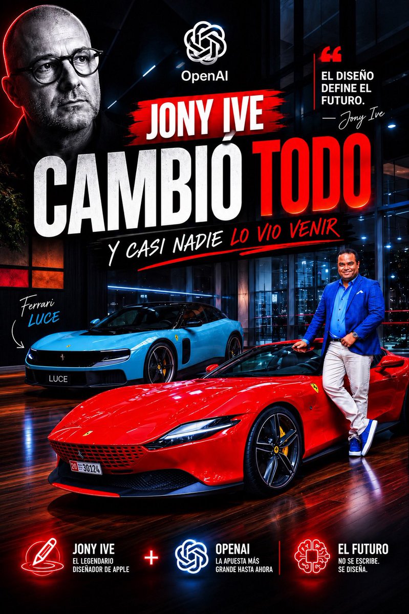 RolandoCalderon's tweet photo. Jony Ive diseñó el Ferrari más odiado de la historia y, a la vez, el primer dispositivo de IA de OpenAI. Misma filosofía sin pantallas. El internet odió el Luce. La IA se vende como software, pero vive en lo físico. Y lo físico siempre cobra la cuenta. https://t.co/eAImge17Cm