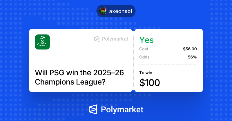axeonsol's tweet photo. small wins of today on @Polymarket 

Paris Saint-Germain FC vs Arsenal FC
Both Teams to Score ✅
PSG UEFA Champions League Winner ✅

thanks @0xDullie the quant https://t.co/UfwX5YDbwS