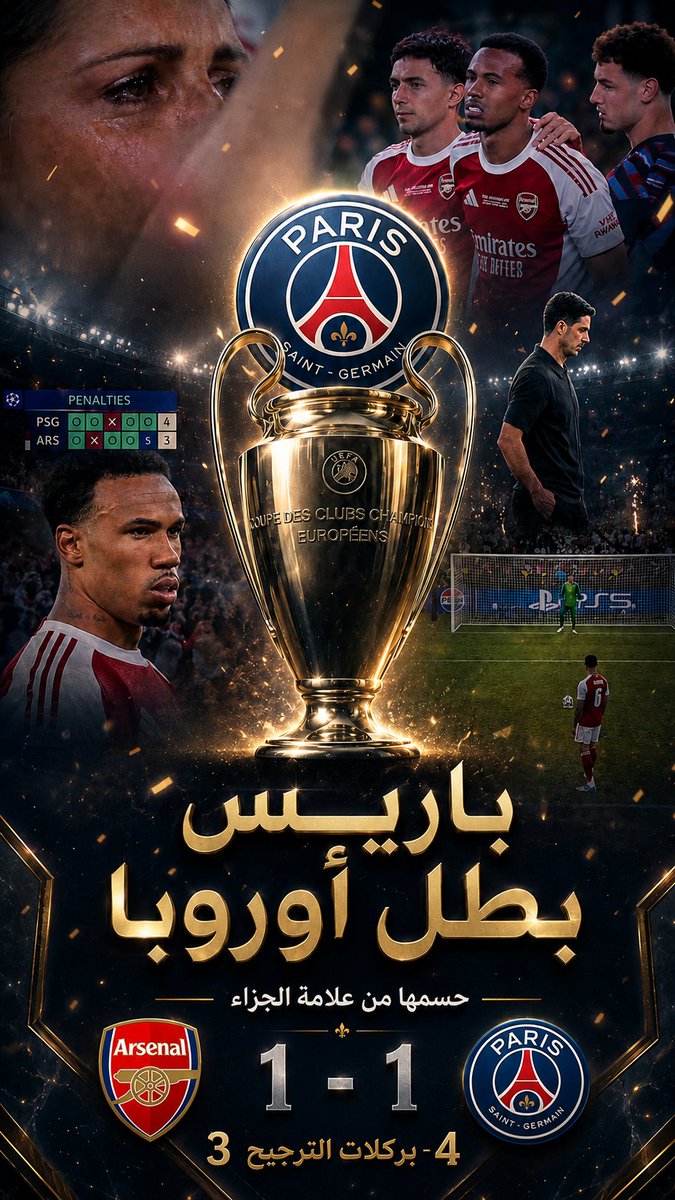 FaEy04's tweet photo. باريس بطل أوروبا… من علامة الجزاء. 🏆🔥

نهائي بدأ بضربة آرسنال الأولى:
كاي هافرتز سجّل في الدقيقة 6،
ووضع باريس تحت ضغط الحلم الإنجليزي.

لكن باريس لم يسقط.

كفاراتسخيليا انتزع ركلة الجزاء،
وديمبيلي أعاد النهائي إلى نقطة الصفر في الدقيقة 65.

1-1 بعد 120 دقيقة…
ثم تحوّل النهائي إلى مسرح الأعصاب.

ركلات الترجيح:

باريس:
✅ غونزالو راموس
✅ ديزيري دوي
❌ نونو مينديز
✅ أشرف حكيمي
✅ لوكاس بيرالدو

آرسنال:
✅ فيكتور جيوكيريس
❌ إيبيريشي إيزي
✅ ديكلان رايس
✅ غابرييل مارتينيلي
❌ غابرييل ماغالهايس

النهاية:
باريس 4
آرسنال 3

غابرييل كان آخر من حمل حلم آرسنال…
وبيرالدو كان آخر من فتح باب المجد لباريس.

ليلة لم تُحسم بالسيطرة فقط،
ولا بالبداية القوية،
بل بالقلب الهادئ حين صارت أوروبا كلها على بعد 11 مترًا.

باريس دخل ركلات الترجيح بطلًا مدافعًا عن عرشه…
وخرج منها بطلًا لا يزال واقفًا فوق القارة.

#دوري_أبطال_أوروبا
#باريس_أرسنال
#نهايي_دوري_ابطال_اوروبا