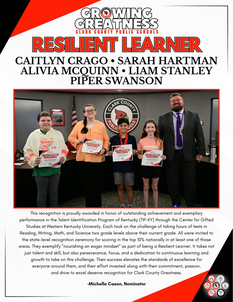 CCPSGoCards's tweet photo. The Board of Education is honored to recognize five students chosen for their outstanding performance in the Talent Identification Program and their distinction as Resilient Learners. (Nominator: Michelle Cason) Congratulations! Your Greatness Shows! #GoCards #GrowingGreatness https://t.co/Rfa7F4NwIZ