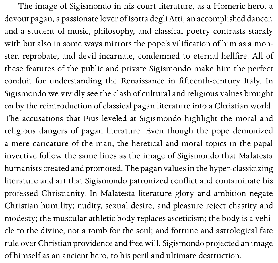 realKalos's tweet photo. Reading this.
"Pagan themes dominate Sigismondo’s culture and imagined life from the revival of the ancient paideia, the Greek athletic ideal, and Sigismondo’s Spartan upbringing to his sexual exploits and the astrological heights of his search for immortality..." https://t.co/PECVito2iS
