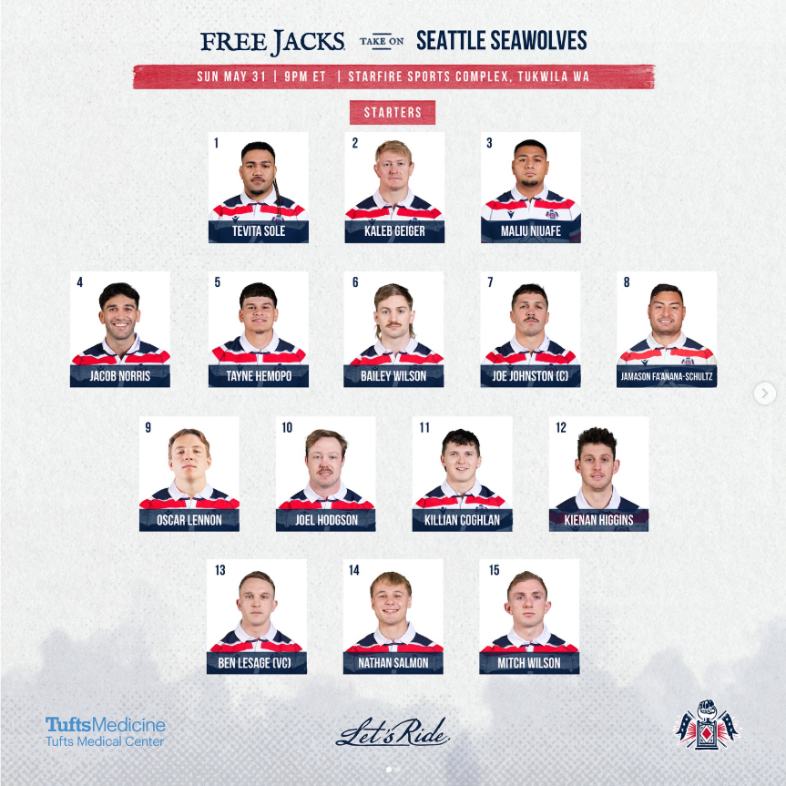 JamDelay's tweet photo. Lots of change in the @NEFreeJacks pack this week! 

Geiger shifts back to 2 with Sole &amp; Niuafe as props. Jacob Norris starts at lock for JFS' first #MLR2026 start!

Coghlan starts on the wing, and Andrew Quattrin makes his first appearance, as a prop? #MLRStats https://t.co/YIJo3C3ahz