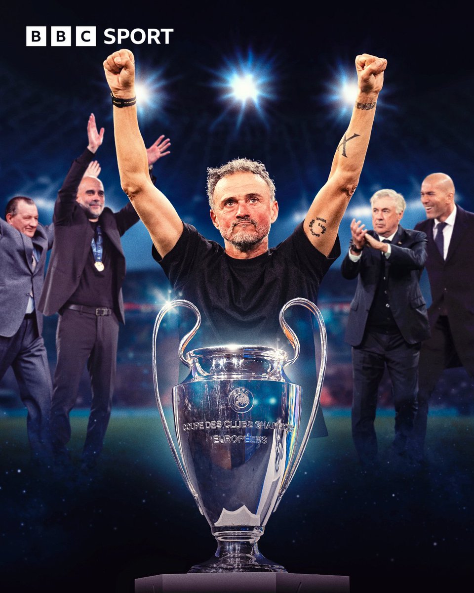 BBCMOTD's tweet photo. Luis Enrique wins his third Champions League title as PSG beat Arsenal on penalties 🏆🏆🏆

He joins an elite group of managers who have won three European Cups 👏 https://t.co/XXLqmi45Au