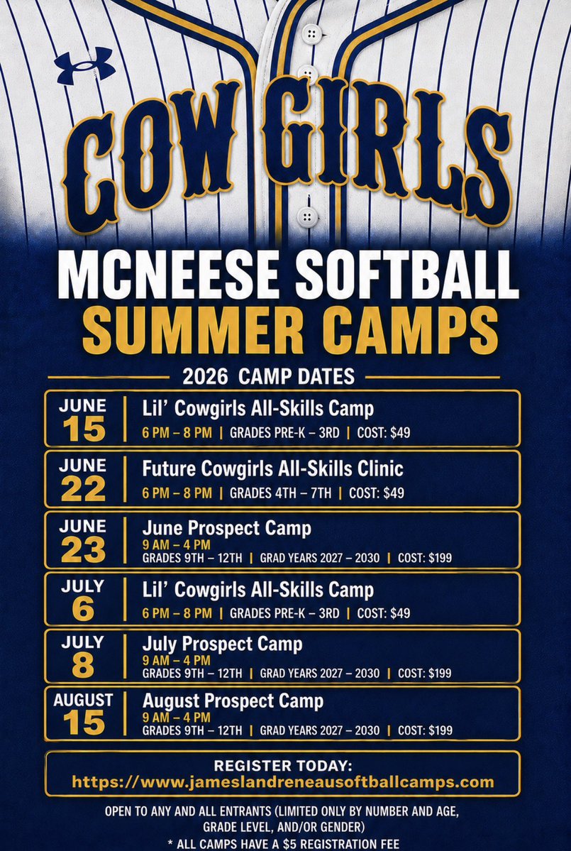 CoachEmPhillips's tweet photo. 🚨McNeese Softball Summer Camps are officially LIVE! We can’t wait to see you @ Joe Miller Field at Cowgirl Diamond 🤠💙💛 

Register Today: https://t.co/N81Gfhf1zu

Let’s Work 👊🏻

#GEAUXPOKES https://t.co/Oq9gBHt7ru