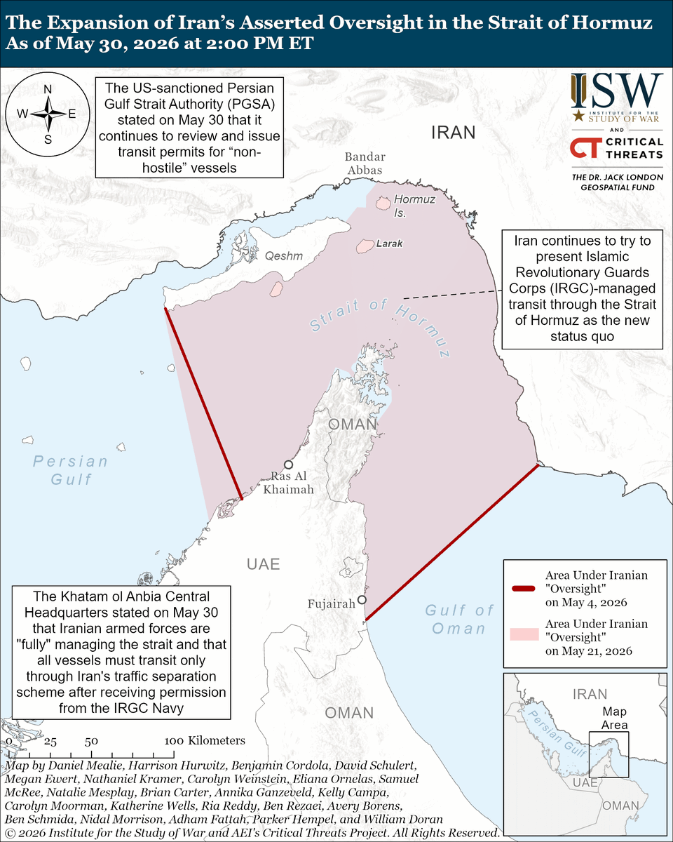 TheStudyofWar's tweet photo. NEW: Iran continues to try to frame the Islamic Revolutionary Guards Corps (IRGC) “management” of transit through the Strait of Hormuz as the new status quo. The United States and international community must continue to reject Iranian efforts to try to establish this new status quo, as it is detrimental to international commercial interests and sets a dangerous precedent for freedom of navigation in international waterways.

Other Key Takeaways:
Neither the United States nor Iran has indicated that the two sides have narrowed gaps on key issues in the US-Iran negotiations, such as economic relief for Iran. Iran likely seeks unrestricted access to its frozen assets to reduce the effect of US sanctions and the naval blockade and support its military reconstitution.

The hardline faction within the Iranian regime is not a monolith but contains a spectrum of actors with varying priorities, opinions, and political positions. ISW-CTP continues to assess that hardline IRGC officials, particularly IRGC Commander Major General Ahmad Vahidi and his inner circle, are unwilling to make meaningful concessions in negotiations with the United States.

Iran may have used a Chinese-made man-portable air defense system (MANPADS) to target US aircraft during the war, according to three individuals familiar with the matter speaking to Western media. (1/2)