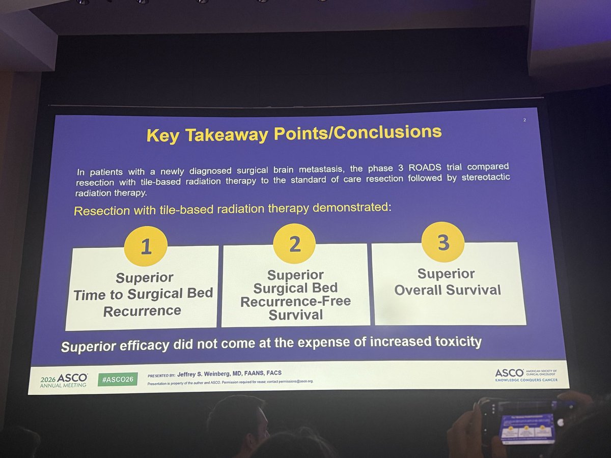 brandon_imber's tweet photo. Exciting results at #ASCO26 from the Phase III ROADS study showing outstanding brain cavity control following surgery with Cs-131 tile based brachytherapy for newly diagnosed brain metastases  @Dr_N_Moss @MSKCancerCenter @MSK_RadOnc @BrainMets_MSK https://t.co/RYiDXWmpF3