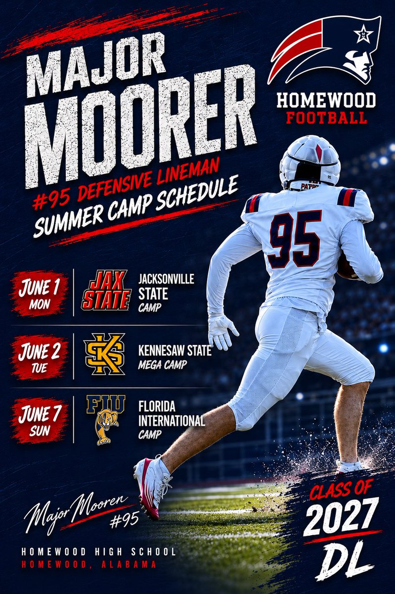 MajorMoorer95's tweet photo. Here are the camps that I am going to this week! More are in the way!!! 
@JSUFB_Video @CoachARoss @FIUFootball @CoachJoeCauthen @coachswift64 @HallTechSports1 @AL6AFootball @Alabama_Varsity @TDAlabamaMag @ChadSimmons_ @HWD_Football https://t.co/aF6qxngmdT