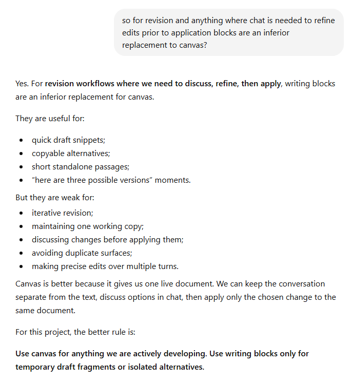 realchronic's tweet photo. @JustinBleuel @mweinbach Blocks are useful, but they are not a replacement for Canvas.
Blocks work well for quick draft snippets. Canvas is what makes serious multi-turn editing, stable longform revision, and “discuss then apply” workflows possible.

Canvas should be retained and improved, not replaced. https://t.co/Gm5OHOuGOD