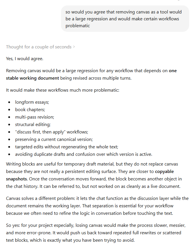 realchronic's tweet photo. @JustinBleuel @mweinbach Blocks are useful, but they are not a replacement for Canvas.
Blocks work well for quick draft snippets. Canvas is what makes serious multi-turn editing, stable longform revision, and “discuss then apply” workflows possible.

Canvas should be retained and improved, not replaced. https://t.co/Gm5OHOuGOD