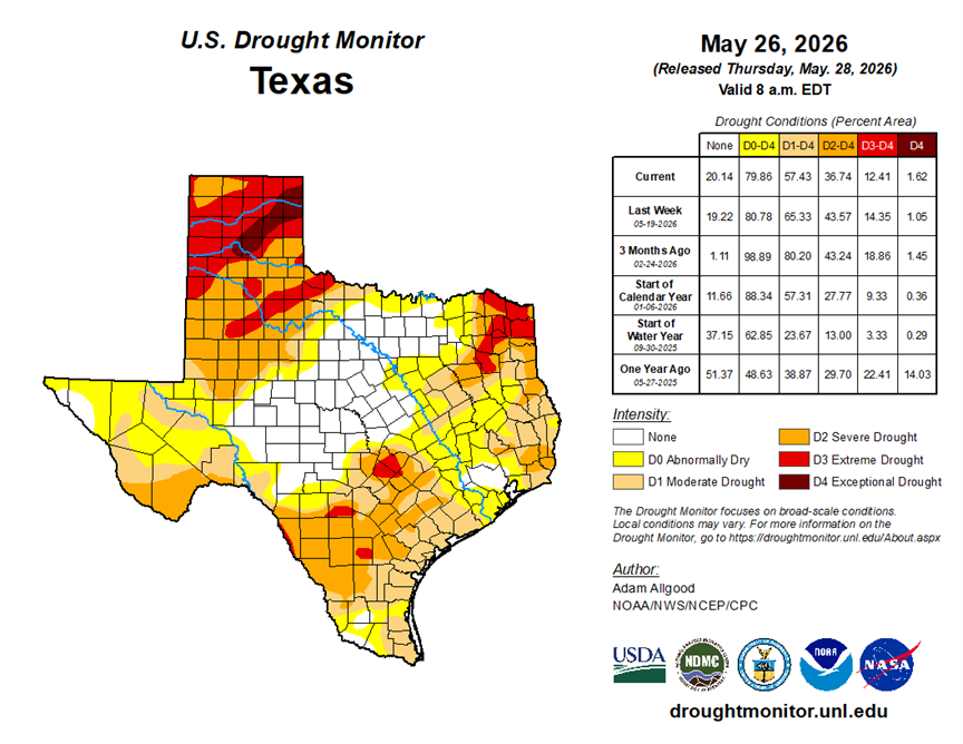 BrazosValleyGCD's tweet photo. Here are the drought monitoring maps released on May 28, 2026. https://t.co/bC2YrP668z