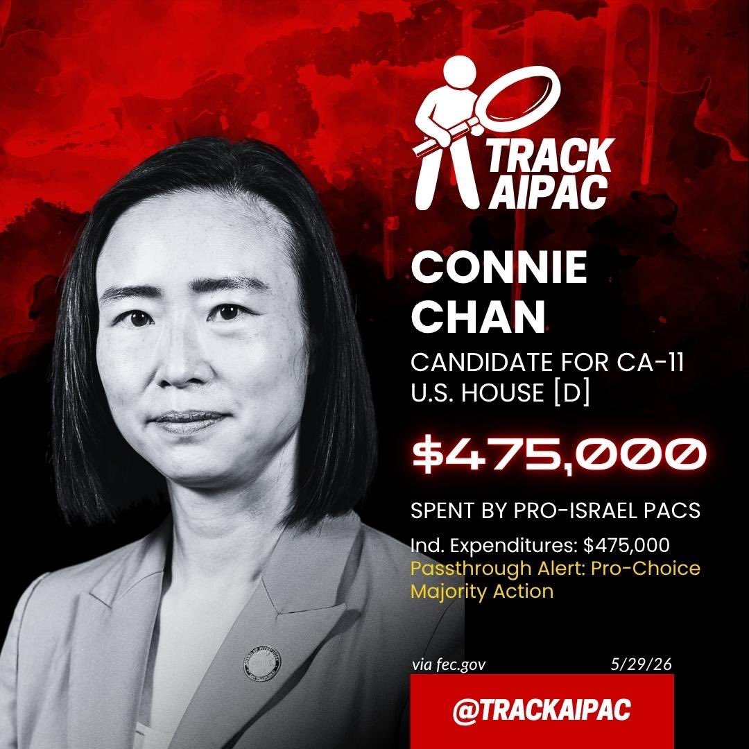 TrackAIPAC's tweet photo. BREAKING: @ryangrim just confirmed that the Israel lobby is secretly funneling money into Connie Chan's campaign. We have the breakdown:

1. AIPAC-aligned groups (United Democracy Project, Democratic Majority for Israel, and Kimbark Foundation) donated >$750,000 to EDW Action Fund in mid-April.

2. EDW created a new affiliated PAC, Pro-Choice Majority Action, on May 1st, timed specifically so its first required FEC disclosure falls weeks after the California primary elections. Because Pro-Choice Majority Action is listed as affiliated with EDW Action, the PACs can transfer unlimited sums between themselves.

3. The new PAC, Pro-Choice Majority Action, has spent heavily on the following candidates since receiving their Israel lobby cash infusion:
🔎 Connie Chan in #CA11: $475,000
🔎 Melissa Hernandez in #CA14: $200,000
🔎 Jasmeet Bains in #CA22: $100,000