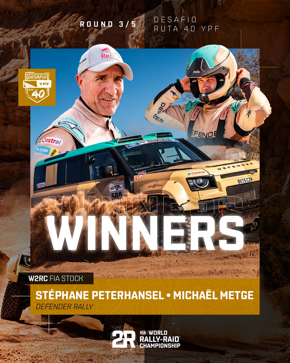 OfficialW2RC's tweet photo. 🔥 Stéphane Peterhansel conquers Argentina again! 🇦🇷🏆
Together with co-driver Michael Metge, he claims the overall Stock victory after a dominant performance throughout the week.

*Subject to the official publication of the results by the FIA
#W2RC #DesafioRuta40 #FIM #FIA https://t.co/JDxVkHF4hM