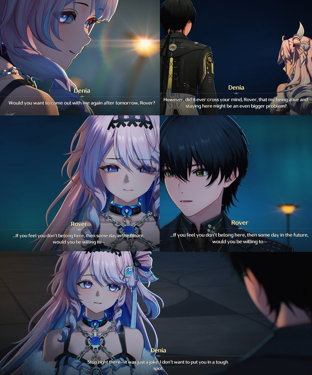 KagaOnda's tweet photo. Rover was ready to bring Denia back to Black Shores right then and there. Given her circumstances, it really would have been the best option for her, now that the Startorch no longer protects her and the New Federation is after her.

But the way Denia rejected that offer before it was even spoken foreshadowed the feelings that would later be revealed.

The reason she refused, the reason she kept her true intentions hidden, was because she didn't want to place another burden on Rover's shoulders.

Denia knows the kind of person Rover is. The moment she becomes part of Black Shores, the moment she becomes part of his life, and he learns the truth about her condition, he would cross the endless void for her without hesitation.

"...But you? Where does your suffering end?"

Denia asks Rover this in her Thought V. She knows if it came to that, he would throw himself into the endless void once more just to save her.

And after witnessing the exhaustion he has carried through the recent events, Denia cannot bear the thought of becoming the reason he suffers again.

That is why she chooses silence. All she can do now is sever the anchor between Aleph-1 and Lahai-Roi, ruin the Grand Architect's little game with Rover, and leave him with a promise.

A promise that this is her choice. A promise that he does not need to chase after her into the void again.

A promise that no matter how far apart they are, there will come a day when they can find their way back to each other. So whatever Rover wants to say now, he can tell Denia the next time they meet.