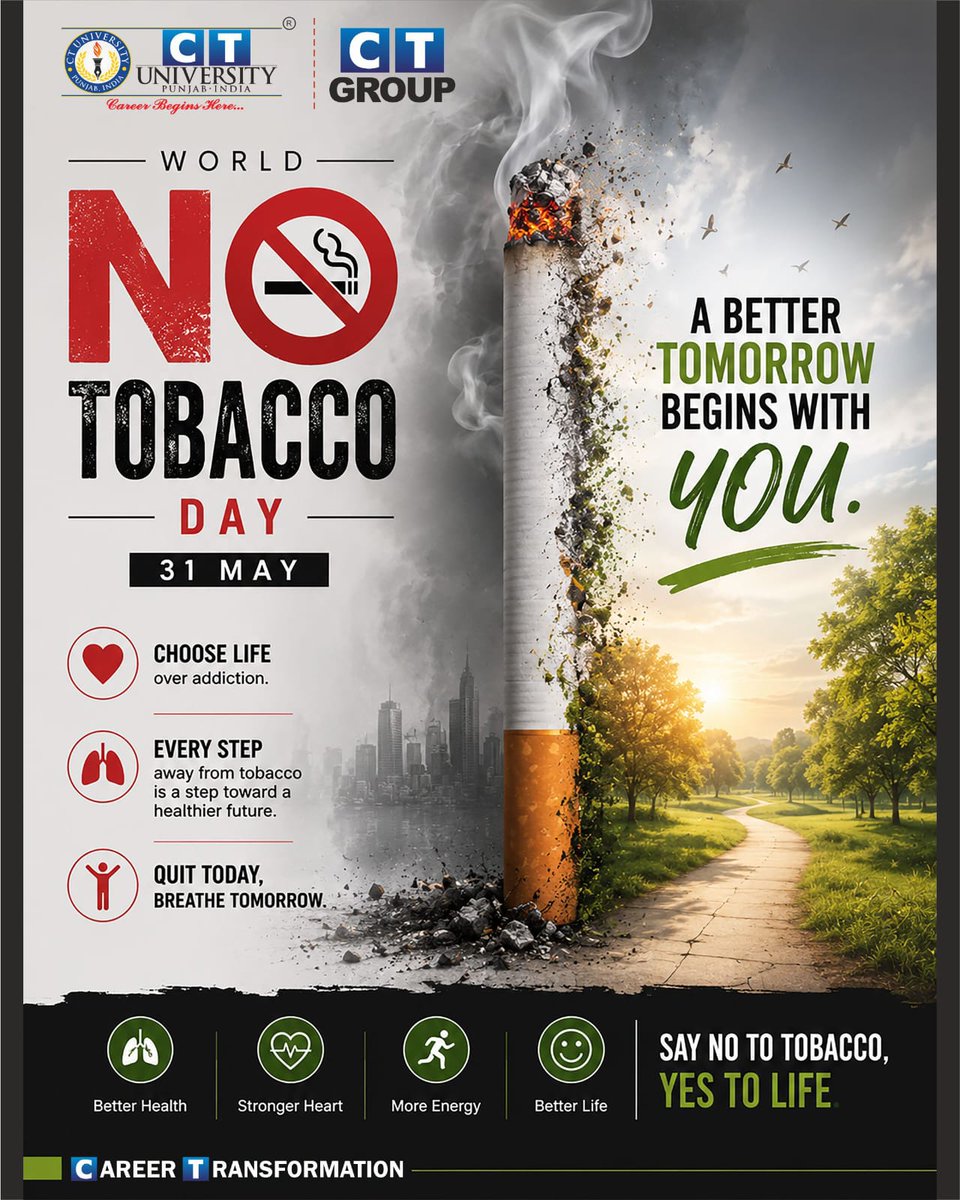 CT_University's tweet photo. 🚭 Tobacco steals health.
🌱 Quitting restores hope.
💚 A tobacco-free life is a gift to yourself and those who care about you. https://t.co/aD3MpVRLui