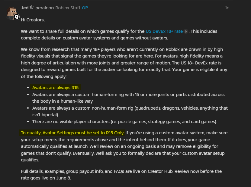 CrimsonForce_'s tweet photo. Roblox clarified the new 18+ devex rate requirements and doubled down on requiring games to use R15 (or custom rigs) in order to qualify for the new devex rate. https://t.co/QWKS4w9Ued