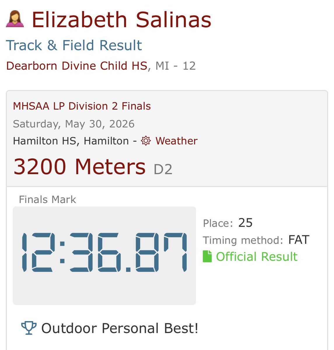 Lizzys1206's tweet photo. Today I ran my 4th and last track state meet with Divine Child High School. I ran the 1600 with a time of 5:44 and the 3200, running a new PR: 12:36! The girls team came 4th overall. https://t.co/93UMv6d9vo