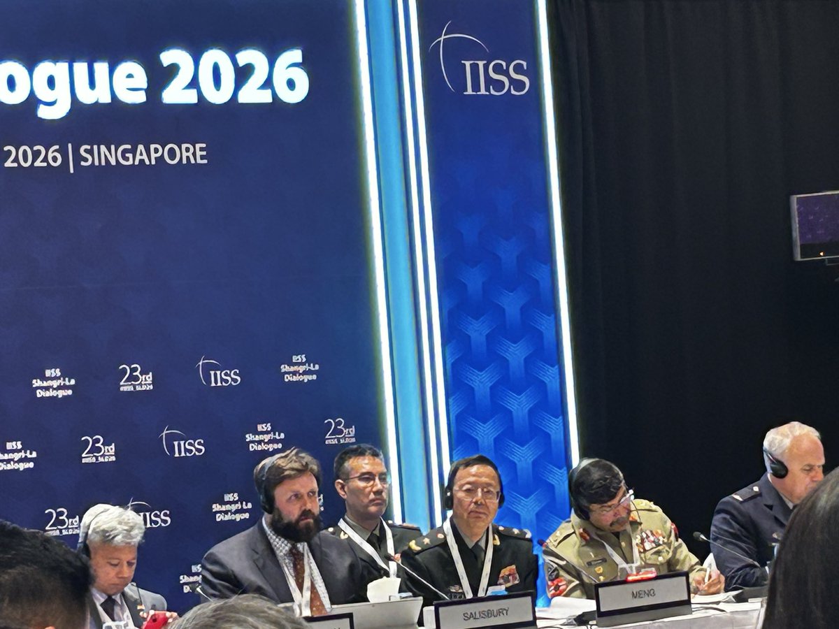 PMCroninHudson's tweet photo. With no senior Chinese keynote this year, PLA Major General Meng Xiangqing, a professor at NDU in Beijing, was circumspect about Taiwan but fit into his talking points complaints about (US) hegemonism, AUKUS and Japan. My take: China wanted to control the narrative and not risk putting a senior PLA leader on the spot to face a question about military purges or other sensitive issues #IISS_SLD26 #China