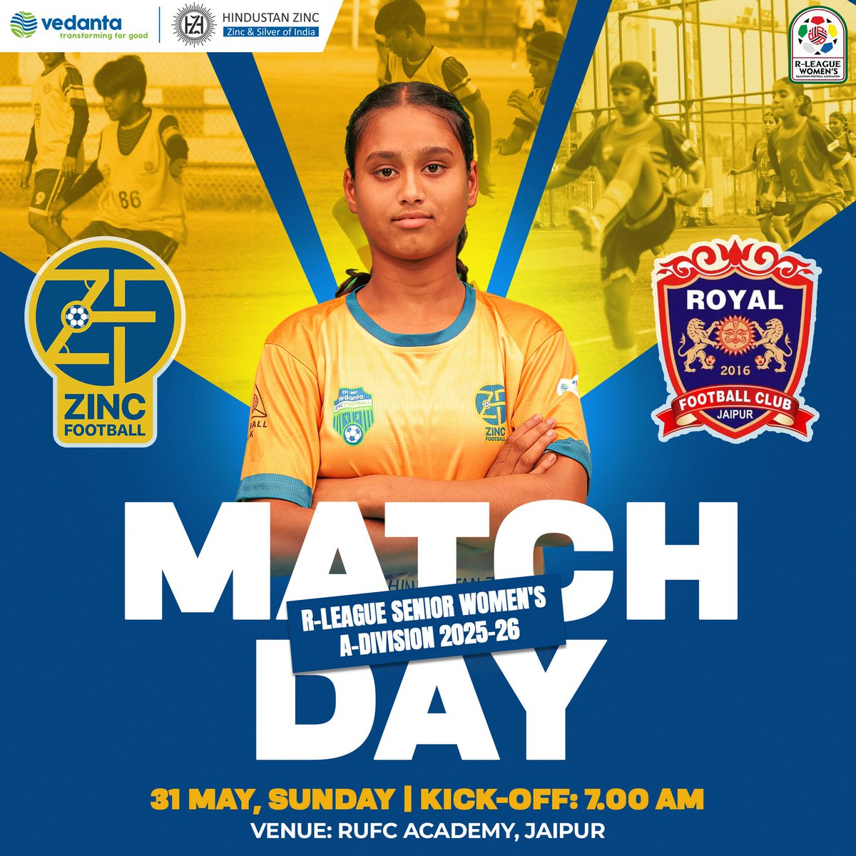 ZincFootball's tweet photo. Early morning kick-off on Matchday 6️⃣💙💛

🆚 Royal FC Jaipur 
🕰️ 7:00 AM
🏟️ RUFC Academy, Jaipur 
⚽️ Rajasthan League Senior Women’s A-Division 2025-26 

#DeshKaSapnaGoalApna #IndianFootball #RLeague #ShePower https://t.co/CCwbXcN7oF