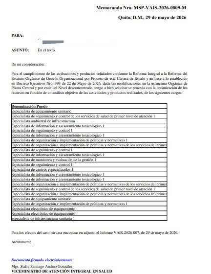 Reaccion_Ec's tweet photo. MÁS DESVINCULACIONES EN  @Salud_Ec ⚠️⚠️

29 de mayo de 2026, decenas de profesionales 🥼habrían sido separados de MSP, en contexto de la desaparición del Viceministerio de Atención Integral en Salud, una acción que afectará severamente la provisión de servicios de #Salud https://t.co/t8dkRU3LST