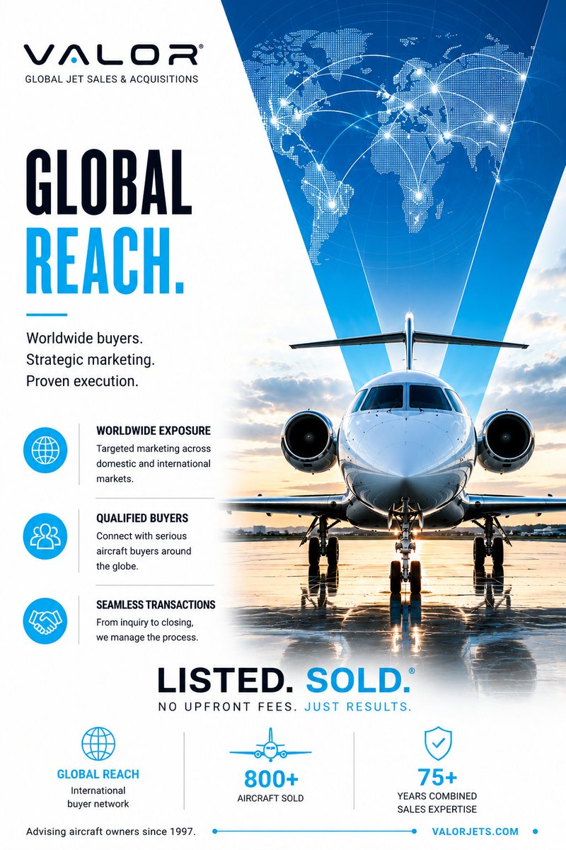 ValorJets's tweet photo. The right buyer for your aircraft may be across the world.

Today's aircraft market is global.

LISTED. SOLD.®

#AircraftSales #AircraftBroker #PrivateJetSales #BusinessAviation #ValorJets #ListedSold https://t.co/0ehSNg2UQj