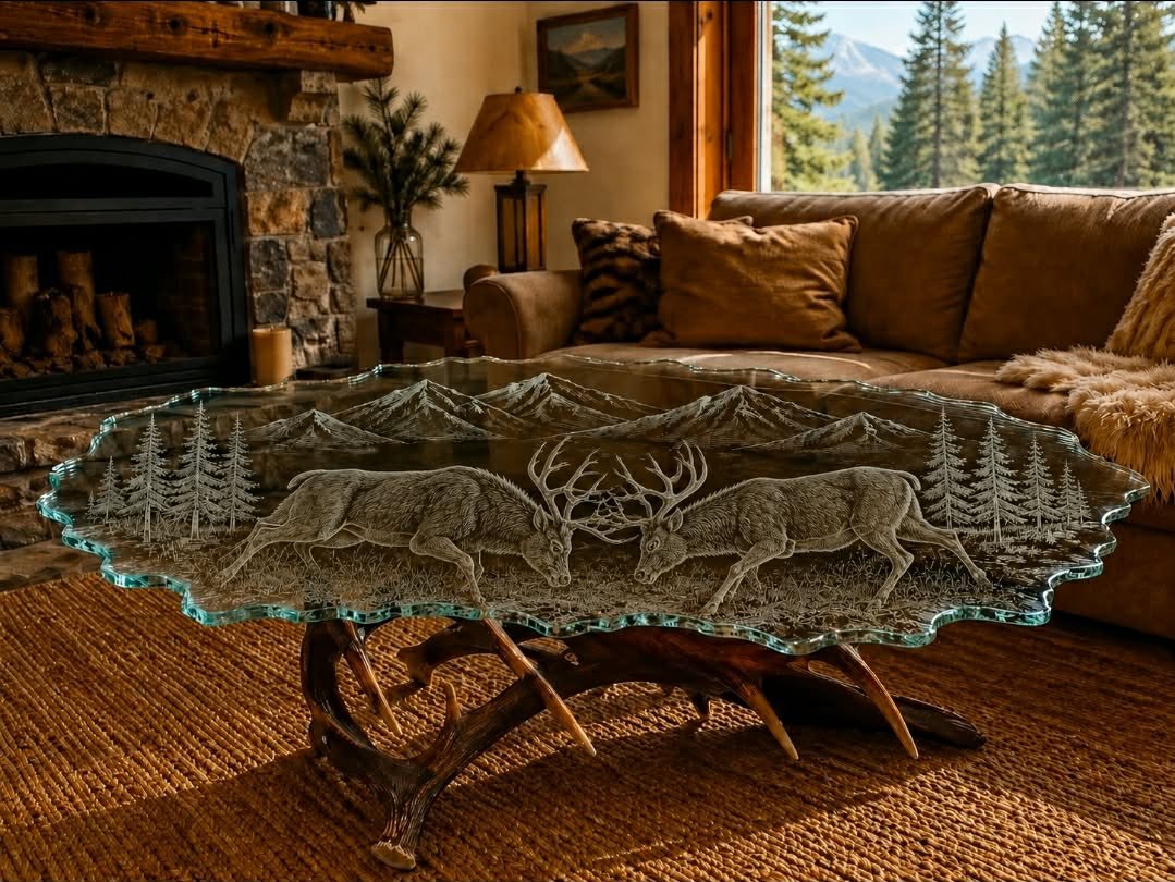 NicholasDefazi2's tweet photo. Custom etched grand coffee tables available soon. Pic your very own unique design you would love to have etched into the glass or I can create a scene for you personally. Glass design in the photos is approximate and can also be customized. Only two available and it’s a rare occasion to be able to own something like this from me as this is not my primary focus. DM for questions and pricing. TIA

#antlerart #functionalart #originalart #customart #glassart #glassetchings #defaziofineart