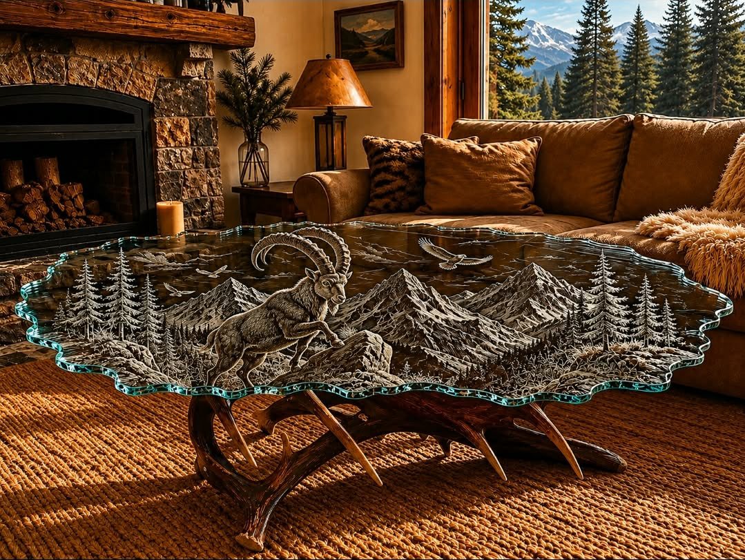 NicholasDefazi2's tweet photo. Custom etched grand coffee tables available soon. Pic your very own unique design you would love to have etched into the glass or I can create a scene for you personally. Glass design in the photos is approximate and can also be customized. Only two available and it’s a rare occasion to be able to own something like this from me as this is not my primary focus. DM for questions and pricing. TIA

#antlerart #functionalart #originalart #customart #glassart #glassetchings #defaziofineart