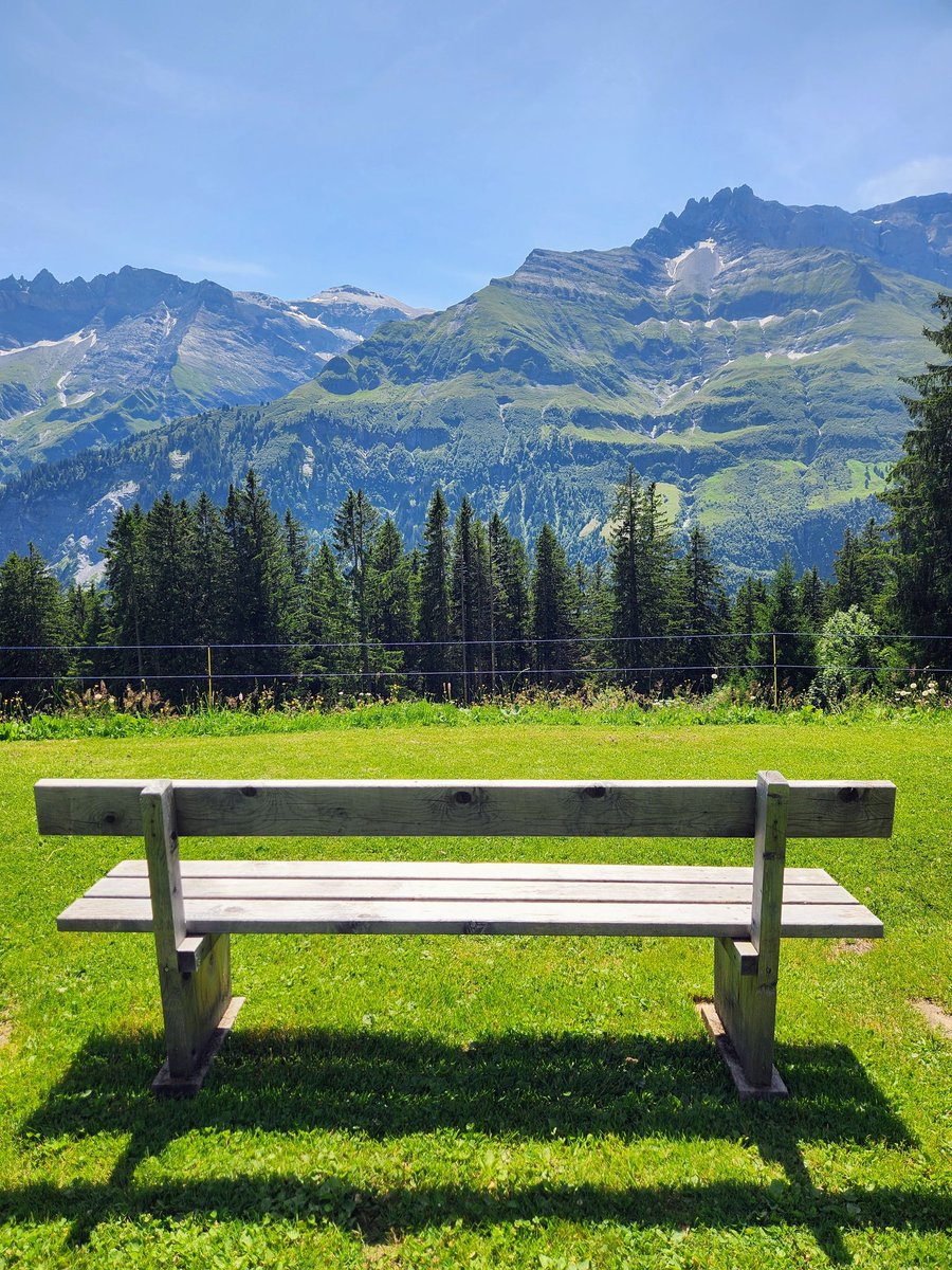 HikingSchweiz's tweet photo. The "rich life" can be as simple as a sturdy bench with a nice view https://t.co/IKFAjFDEQN