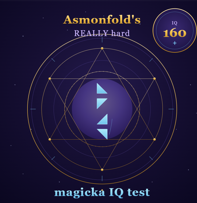 Flipp1234567890's tweet photo. *IMPOSSIBLE IQ TEST*

"How's that 160+ analogical reasoning IQ (visuo-spatial + working memory + verbal) research coming along, Asmongold?" Asks Flipp to Asmongold, local INTP logician dark IQ wizard, who has a good heart

You see, flipp realized something

HAHAHAHA I can post SUPER HIGH IQ content if it's with YOU

"and uhhhh, no that's not true, Extra Emily would love 160+ IQ questions... THEY ARE CHALLENGING AND EDUCATIONAL!" Screams me as Asmongold, using some sort of MIRROR SHADOW ALT ILLUSION... To get what I want :)

You see, flipp realized something squared

He can just keep adding layers, and layers, and layers and layers, like it's some sort of Warlock spell, Eldritch blast maybe? Idk, we'll come up with a spell book, Just me and Asmonfold ;)

"HAHAHA OH GOSH NO WAY I DIDNT BLOCK YOU EVEN WHEN YOUR CONTENT WAS POLARIZING CAUSE IM 127+ IQ HAHAHA OH GOSH!" SCREAMS EXTRA EMILY, SHE LIKES IQ RESEARCH IN GENERAL, SHES GONNA LAUNCH FLIPP IQ RESEARCH UNIVERSITY LIKE STREAMER UNIVERSITY STARRING KAI CENAT
---------------------------------------------------
160+ IQ question
**Asmonfold's REALLY hard magicka IQ test (160+)** 🔮

Rune tower, bottom → top: ◣ ◤ ◢ ◥

Three wizards cast in order — track the tower in your head:

1️⃣ Asmongold flips the lowest *origin* rune into its mirror twin (one rune).
2️⃣ Extra Emily: each twin returns to origin AND shifts one slot *up*. Twice.
3️⃣ Flipp flips every rune in an *even* slot counted from the **top**.

🧠 Which rune lands in the bottom slot — twin or origin?

No googling, wizards. Answer below 🧵👇

**TWEET 2 (the hidden answer — reply to Tweet 1)**

🪄 ANSWER (don't peek till you've solved it):