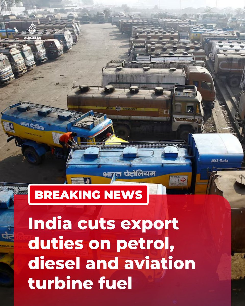 AJENews's tweet photo. BREAKING: India will cut export duties on petrol, diesel and aviation turbine fuel (ATF) for the fortnight beginning June 1, according to a government statement.
🔴 More on https://t.co/hGzrK2N8WC https://t.co/oFPxcMgejr