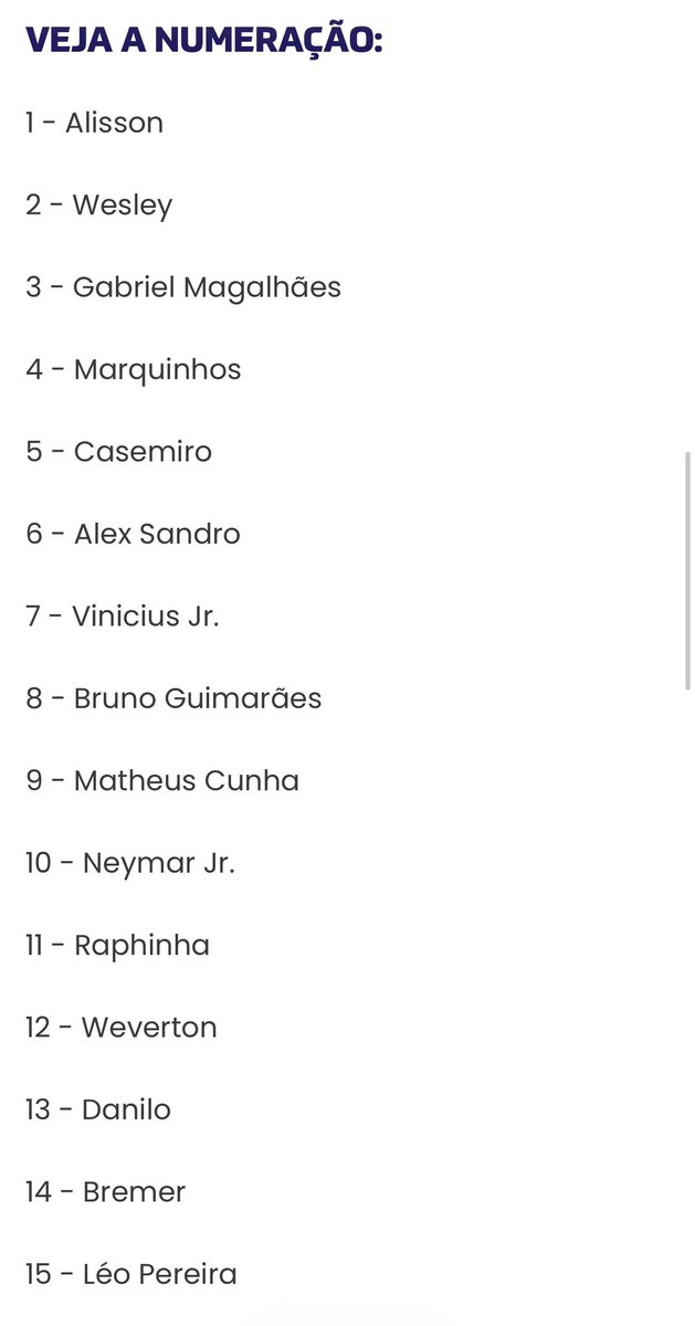 pedroivoalmeida's tweet photo. 🚨 E saiu a numeração da seleção brasileira para a Copa do Mundo. Neymar, claro, com a 10. Matheus Cunha ficou com a 9, Endrick com a 19… https://t.co/jyXS0XXUpY