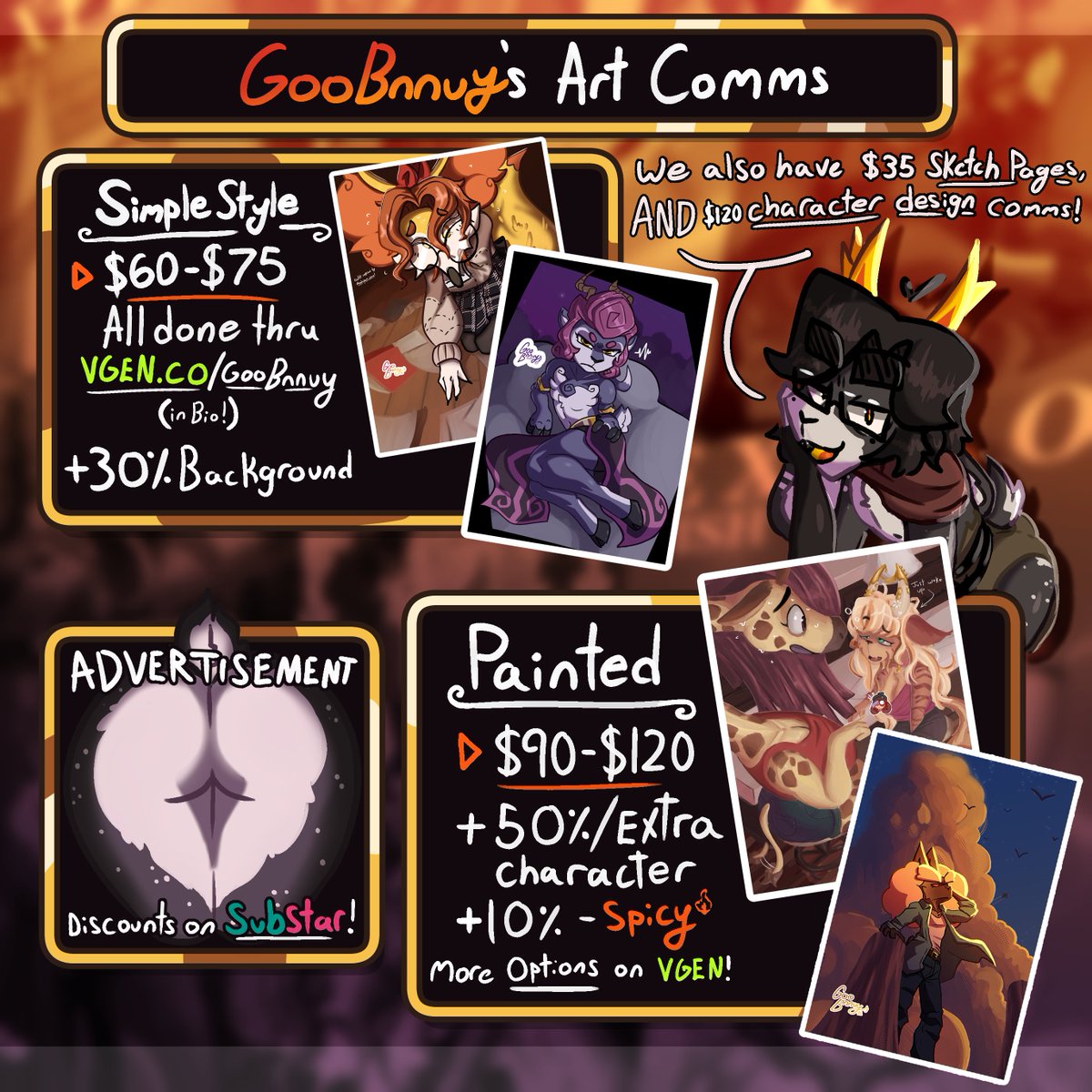 GooBnnuy's tweet photo. OY! I do commissions! You can see all the information over at https://t.co/WO2SAjLu91

I also offer a DISCOUNT if you include my own OCs (Or characters I like)! https://t.co/MkJLqm9rw3
