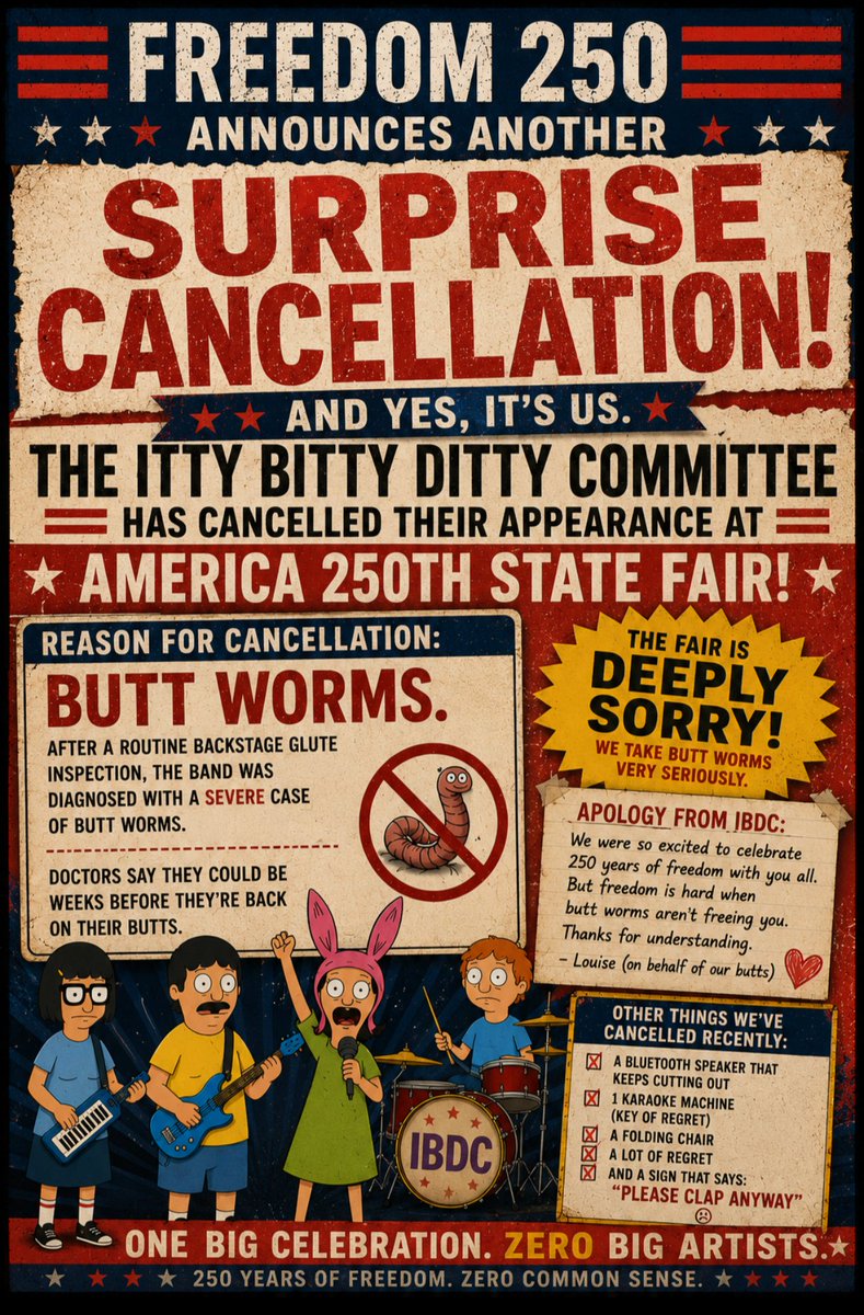 aroky47's tweet photo. Freedom 250 announces another surprise cancellation 
#freedom250 #nationalmall #cancel
#statefair #America #Trump #Maga #politics https://t.co/tSV70QSDwU