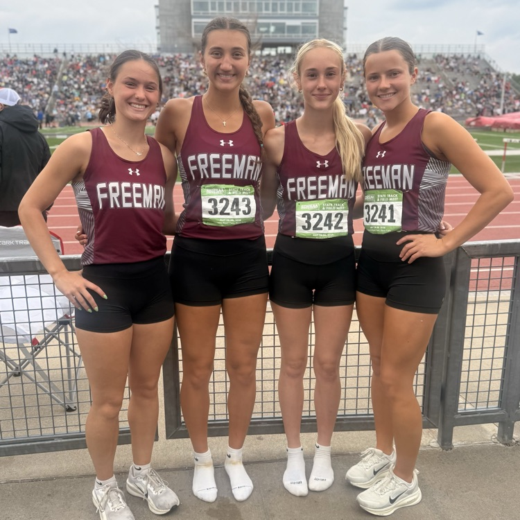 FreemanFlyers's tweet photo. 𝗙𝗟𝗬𝗘𝗥 𝗚𝗜𝗥𝗟𝗦 𝗙𝗜𝗡𝗜𝗦𝗛 𝟰𝗧𝗛!

🏃‍♀️🔥 Girls 4 x 100 M Relay ran a strong final and took 4th overall in Class B! 
Relay members include Makenzie Scharberg, Cadence Hofer, Landrei Baker and Vaida Ammann!!! 

Congrats Ladies!👏🏻 https://t.co/fCcQGo4ICu