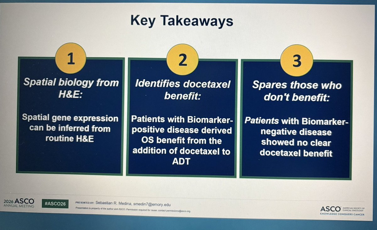 jgong15's tweet photo. Dr. Medina retrospective analysis of #CHAARTED ➡️ 26-gene spatial expression model inferred from #H&E slides identifies benefit to addition of #docetaxel to #ADT if biomarker positive in #1L #mCSPC
#ASCO26 @OncoAlert https://t.co/F6anoeFFBj
