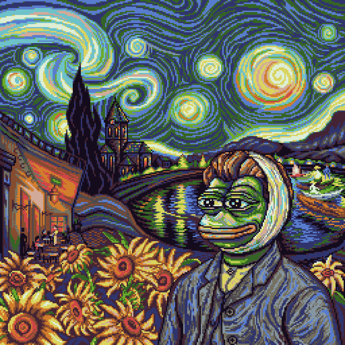 uwucreamy's tweet photo. Pixel Pepe Van Gogh 🐸🎨🖌️💙 @basepaint_xyz https://t.co/9mT8wywQSG