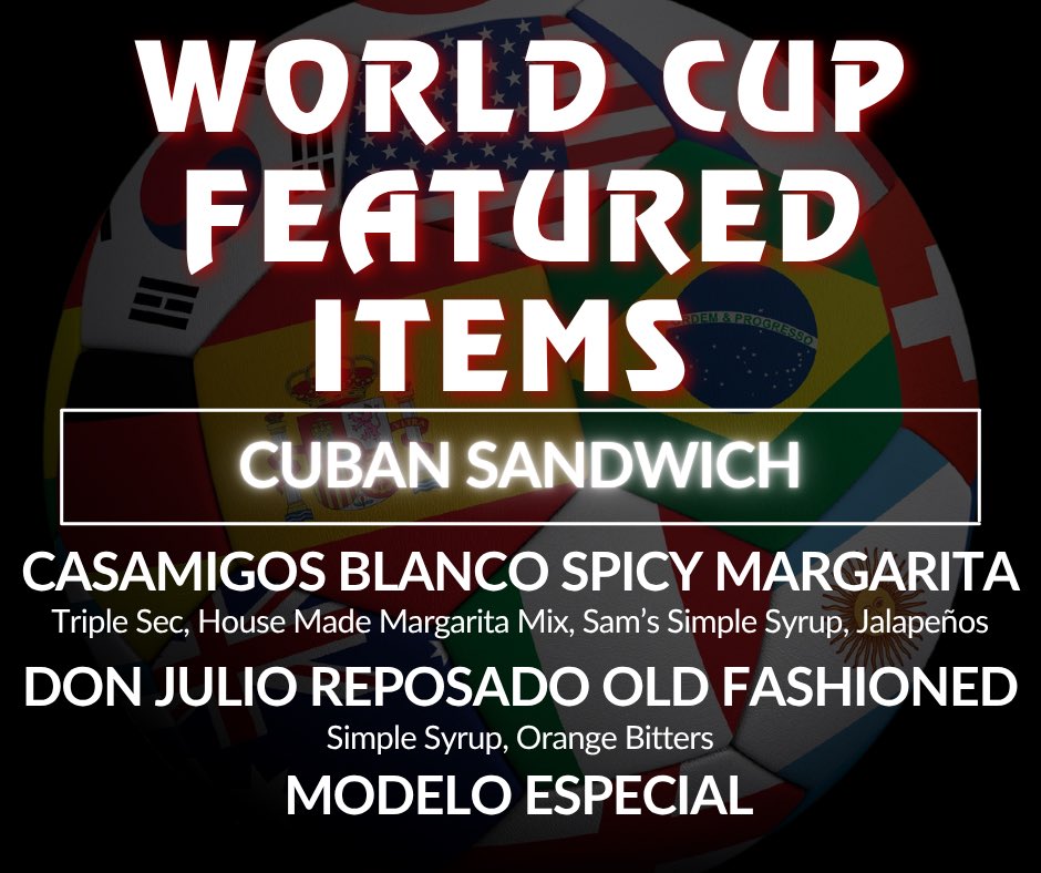 SamsPlaceTN_'s tweet photo. ⚽🌎 The World Cup is almost here, and so are our limited-time features!

Starting June 8:
🥪 Cuban Sandwich
🌶️ Casamigos Blanco Spicy Margarita
🥃 Don Julio Reposado Old Fashioned
🍺 Modelo Especial

Who are you rooting for? ⚽👇

#WorldCup #SamsSportsGrill #SamsPlace https://t.co/UHqoPfc4ay